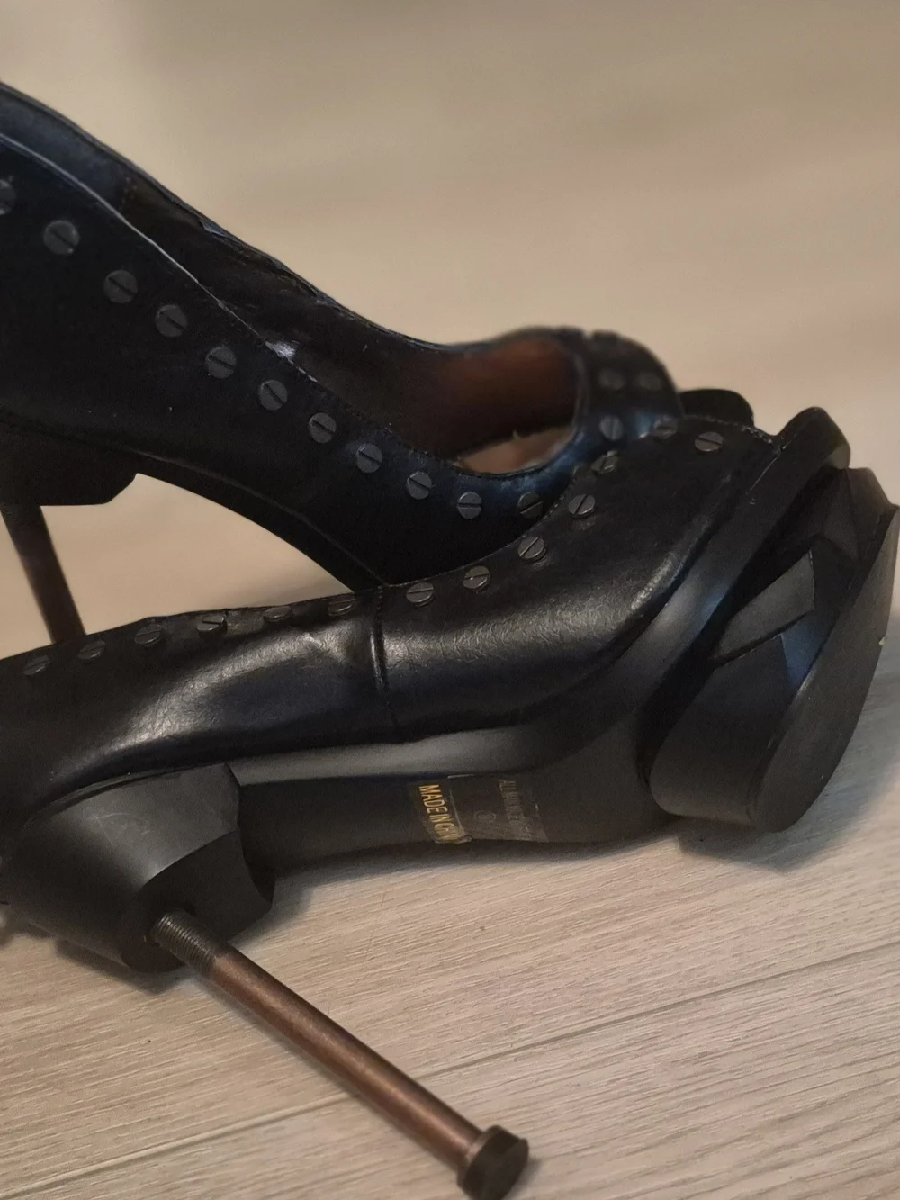 Black Studded Peep-Toe Chunky Heels - Picture 2 of 3
